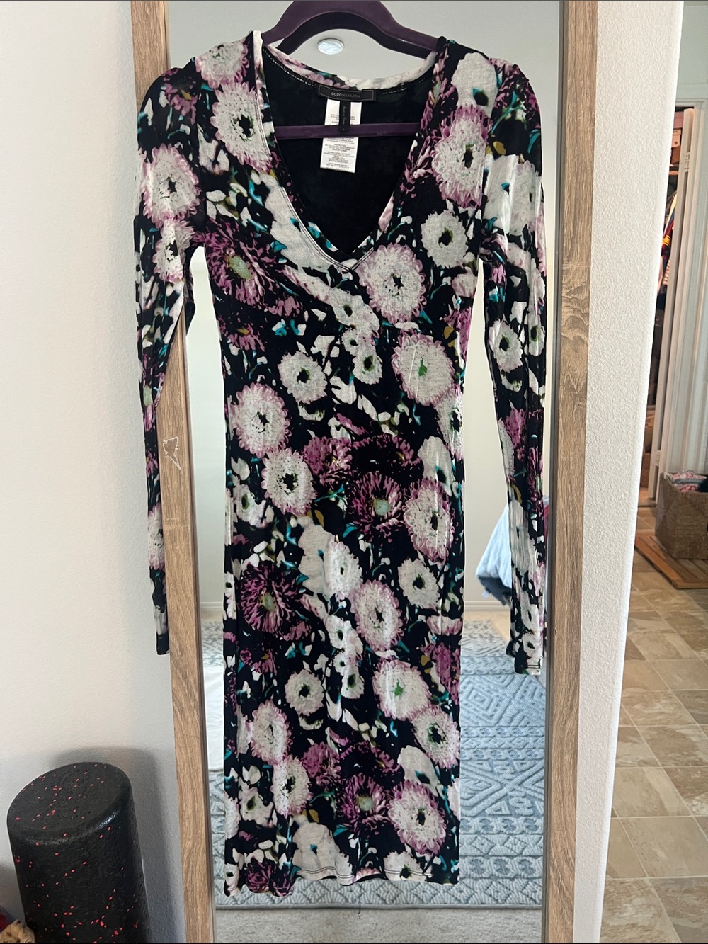 BCBGMaxAzria Black Floral Long-Sleeve Wrap Dress with Purple and Cream Accents